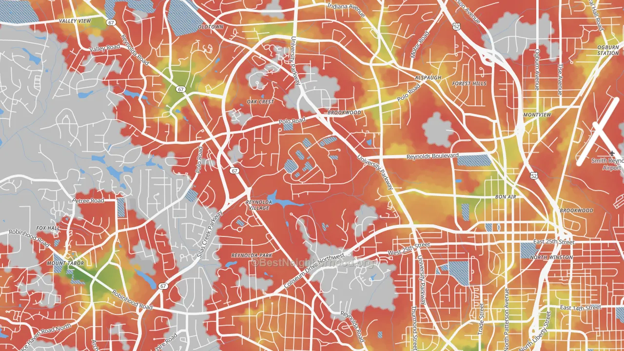 Walk Grade map of Wake Forest University, Winston-Salem, NC, walkable areas in green and car-dependent areas in red