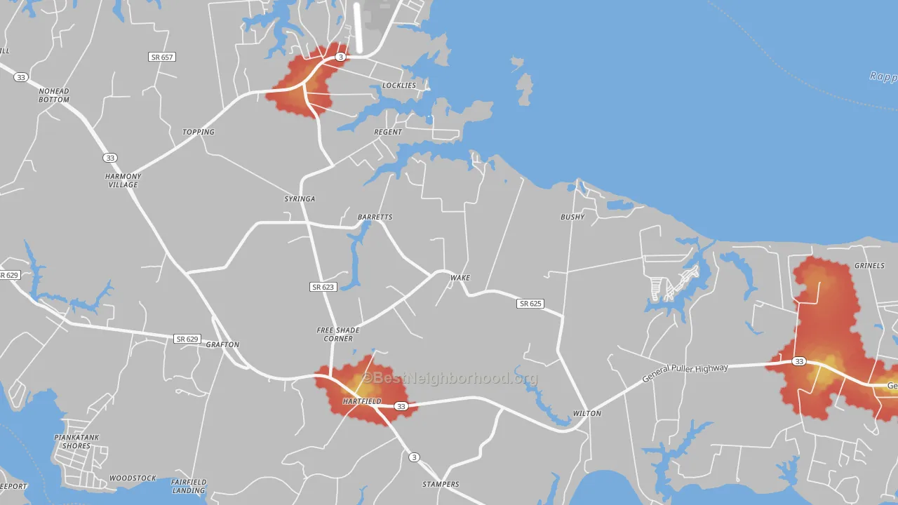 Walk Grade map of Wake, VA, walkable areas in green and car-dependent areas in red