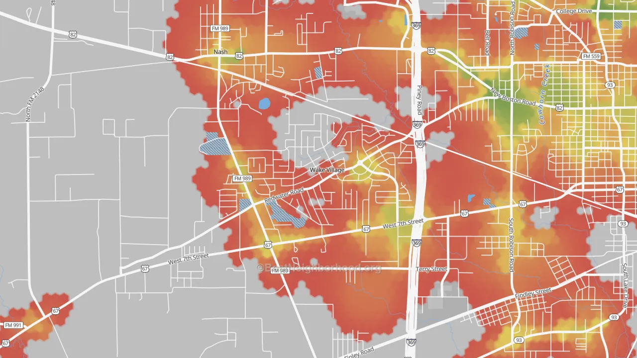Walk Grade map of Wake Village, TX, walkable areas in green and car-dependent areas in red
