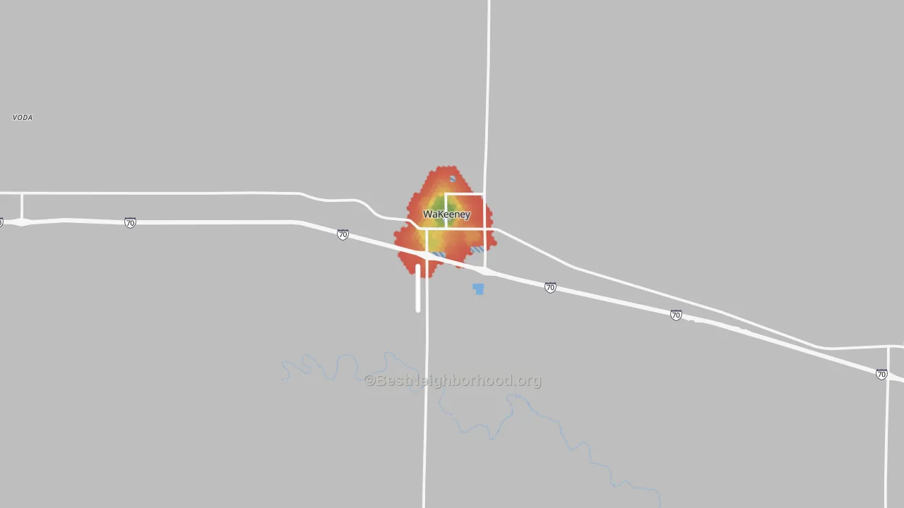 Walk Grade map of Wakeeney, KS, walkable areas in green and car-dependent areas in red