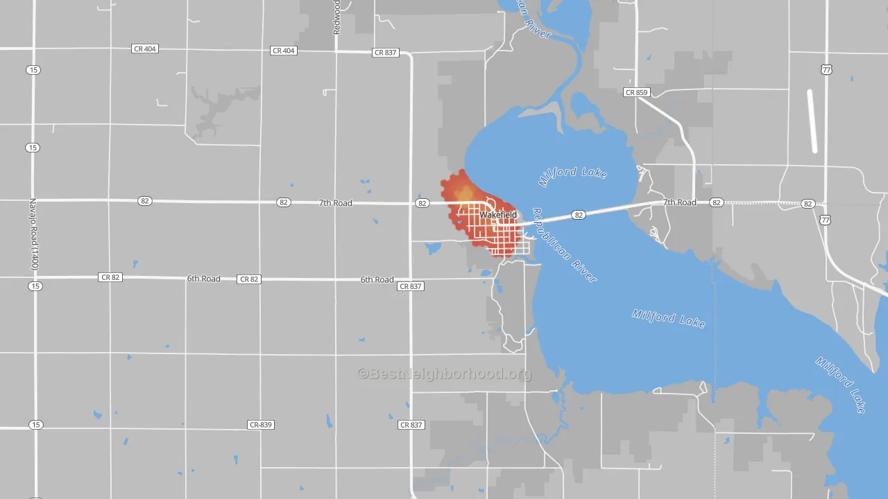 Walk Grade map of Wakefield, KS, walkable areas in green and car-dependent areas in red