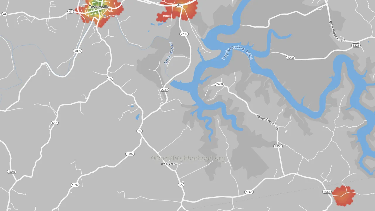 Walk Grade map of Wakefield, KY, walkable areas in green and car-dependent areas in red