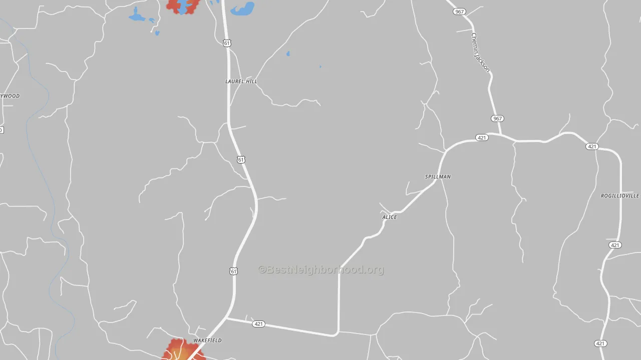 Walk Grade map of Wakefield, LA, walkable areas in green and car-dependent areas in red