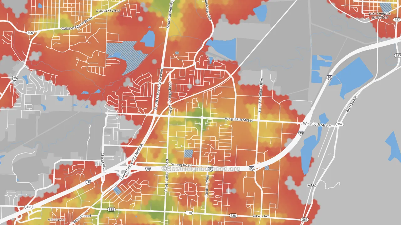 Walk Grade map of Wakefield, Little Rock, AR, walkable areas in green and car-dependent areas in red