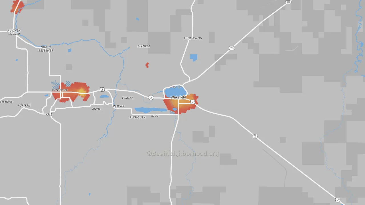 Walk Grade map of Wakefield, MI, walkable areas in green and car-dependent areas in red