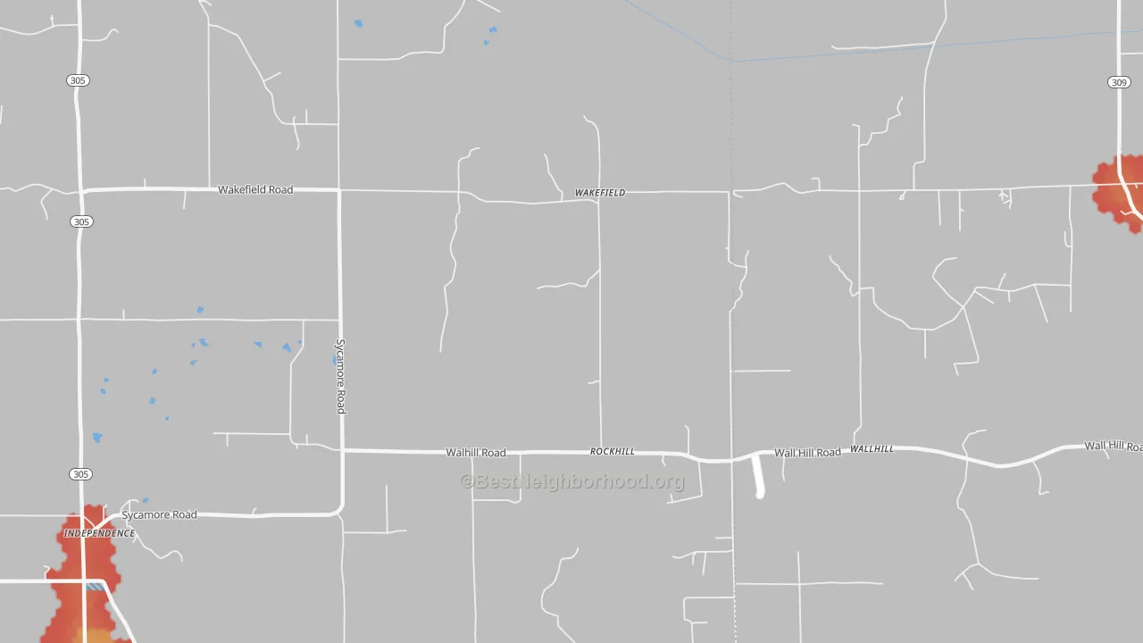Walk Grade map of Wakefield, MS, walkable areas in green and car-dependent areas in red