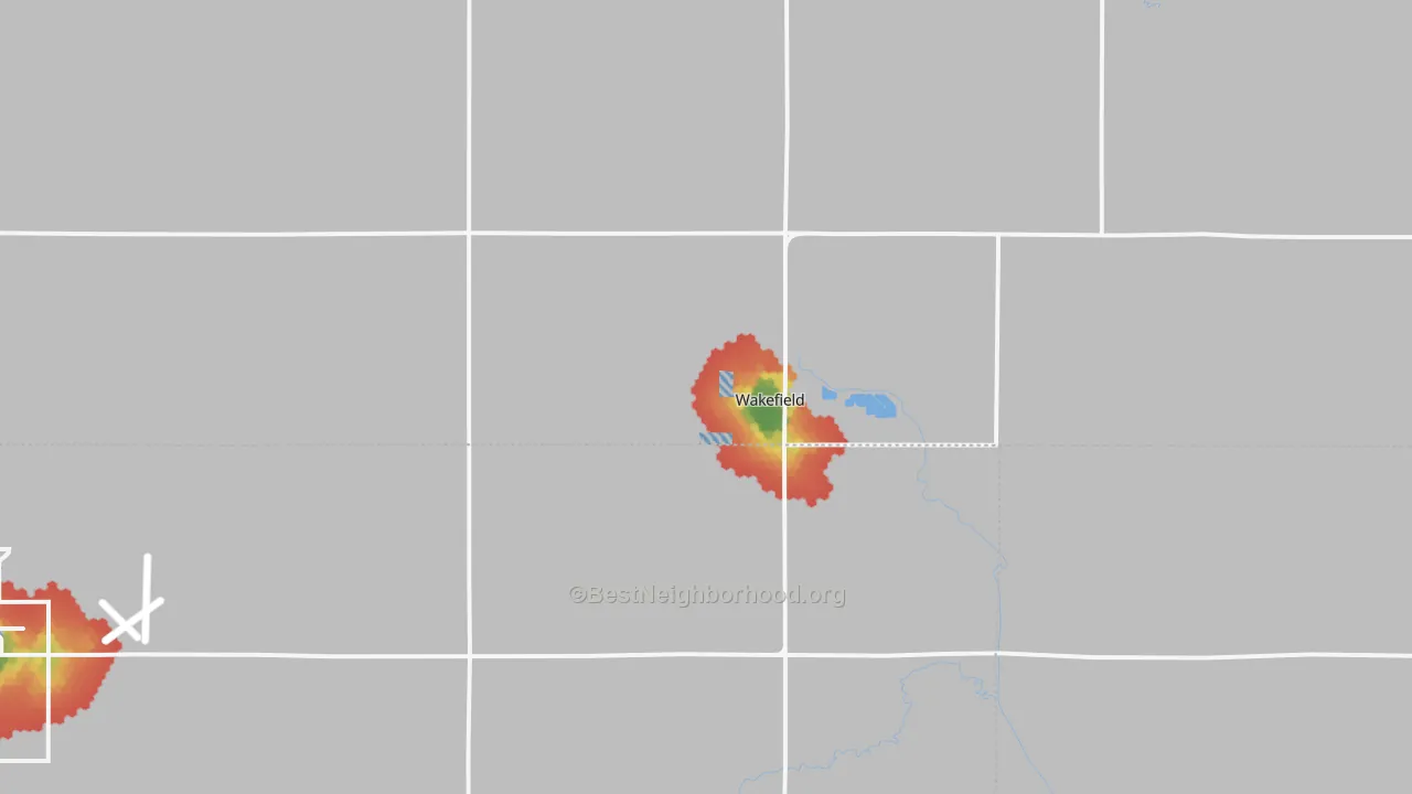 Walk Grade map of Wakefield, NE, walkable areas in green and car-dependent areas in red