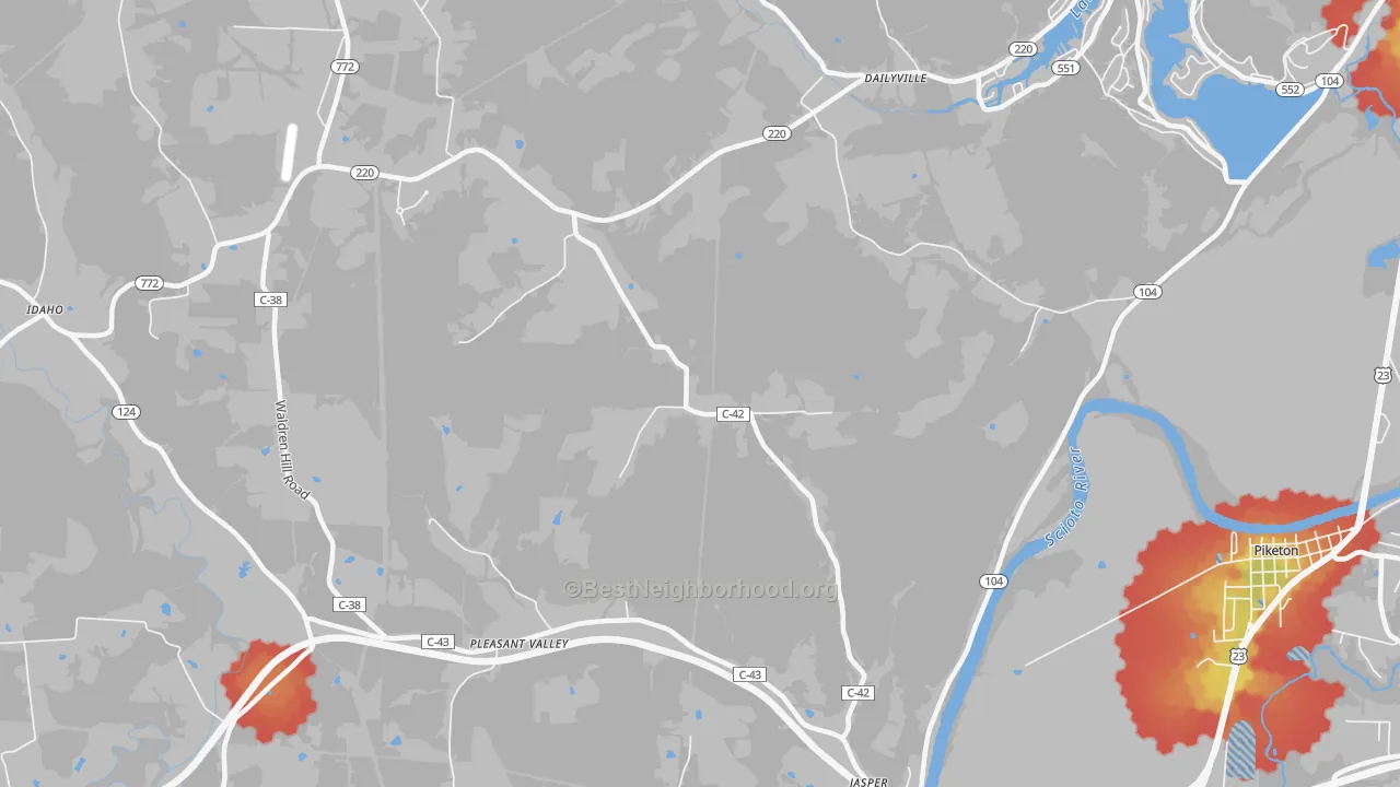 Walk Grade map of Wakefield, OH, walkable areas in green and car-dependent areas in red