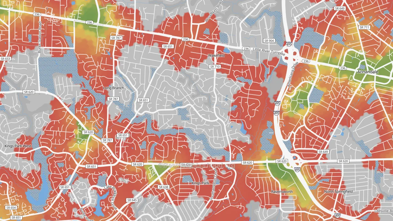 Walk Grade map of Wakefield Park, Annandale, VA, walkable areas in green and car-dependent areas in red