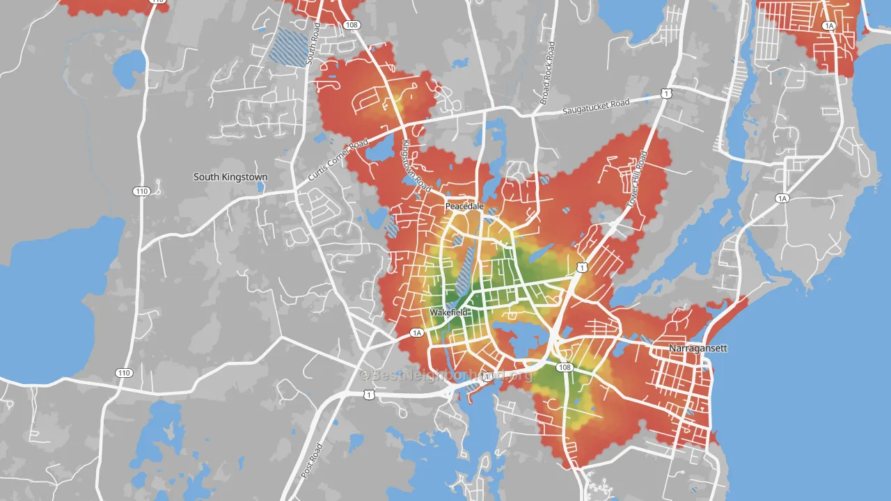 Walk Grade map of Wakefield-Peacedale, RI, walkable areas in green and car-dependent areas in red