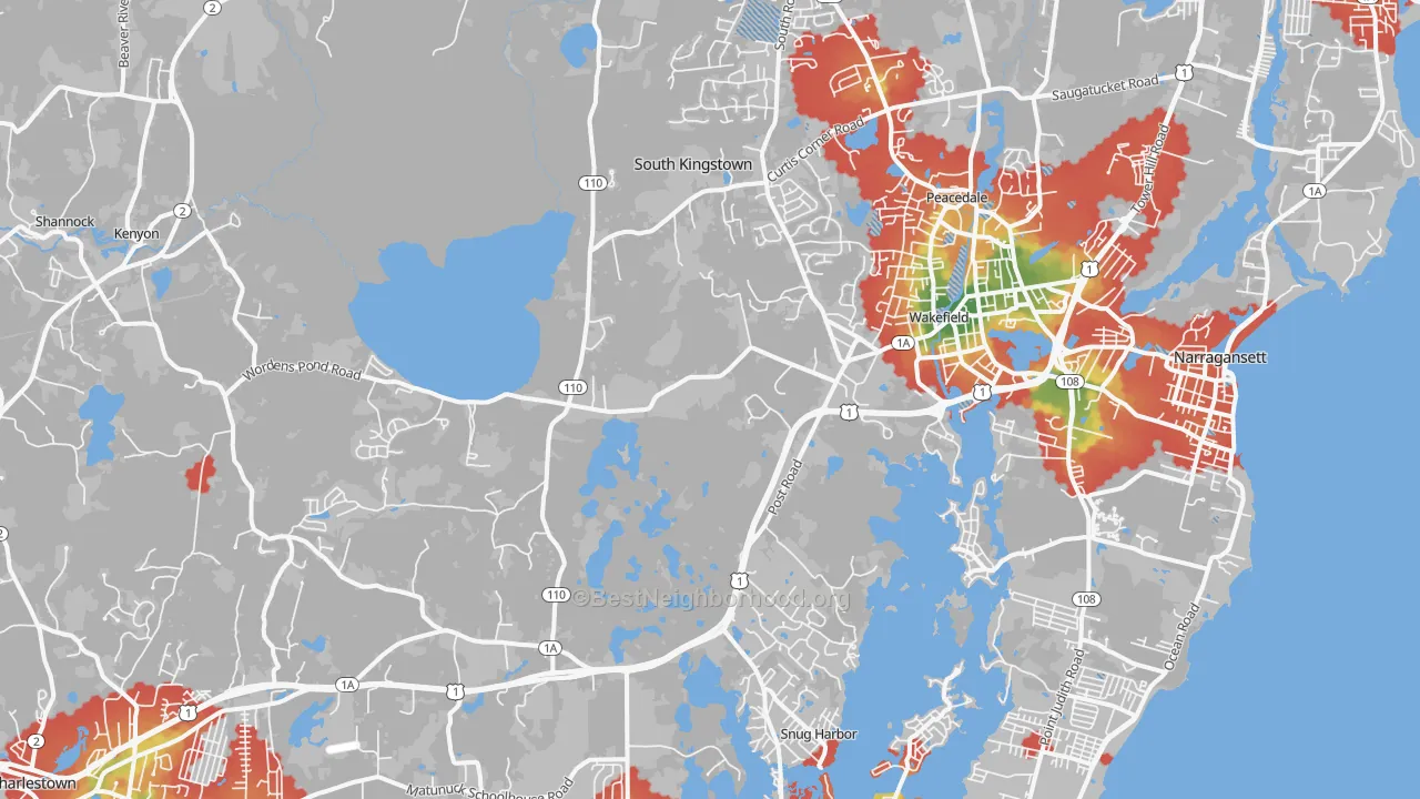 Walk Grade map of Wakefield, RI, walkable areas in green and car-dependent areas in red
