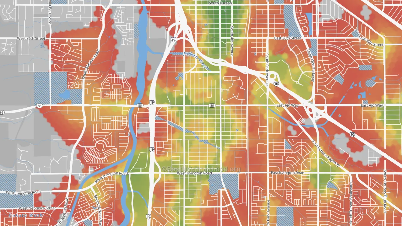 Walk Grade map of Wakefield, Tucson, AZ, walkable areas in green and car-dependent areas in red