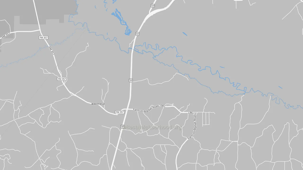 Walk Grade map of Wakefield, TX, walkable areas in green and car-dependent areas in red