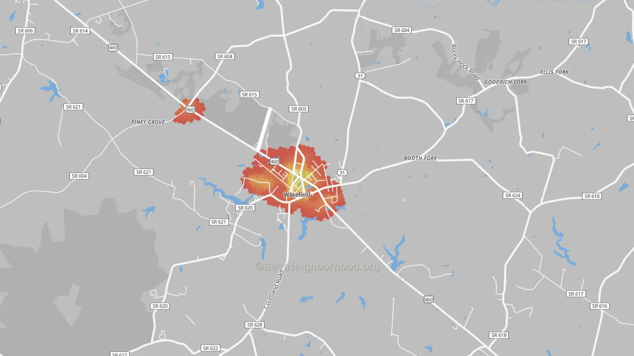 Walk Grade map of Wakefield, VA, walkable areas in green and car-dependent areas in red