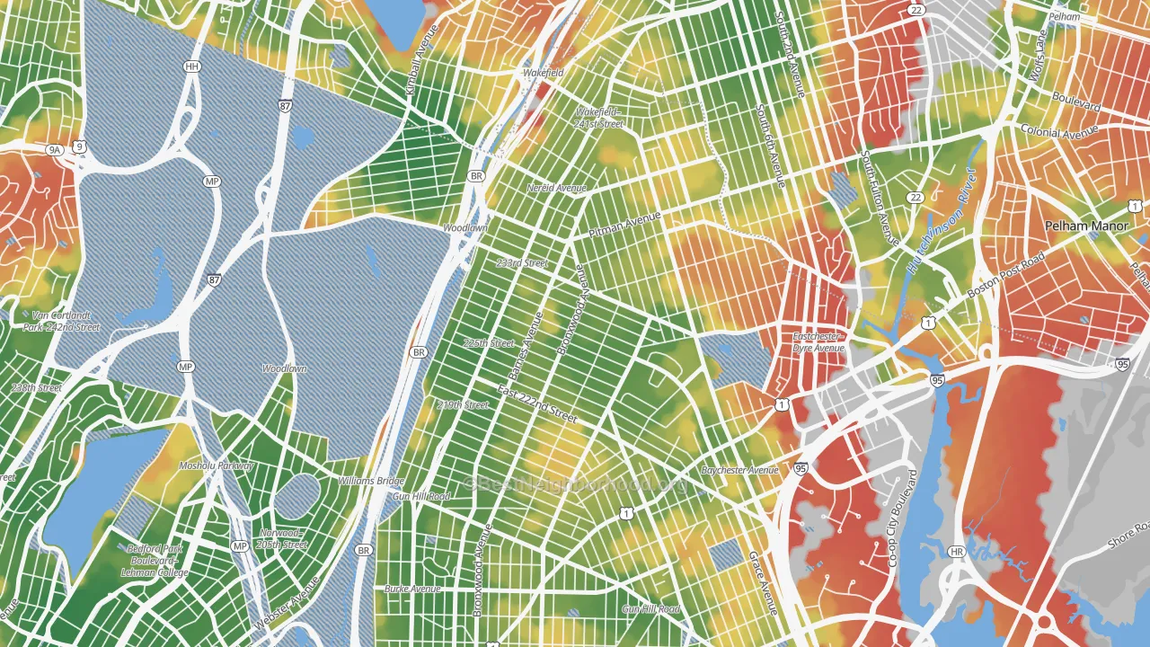 Walk Grade map of Wakefield-Williamsbridge, Bronx, NY, walkable areas in green and car-dependent areas in red