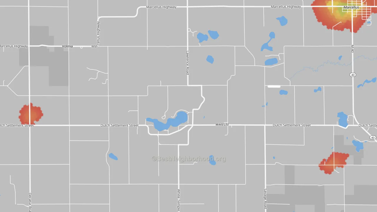 Walk Grade map of Wakelee, MI, walkable areas in green and car-dependent areas in red