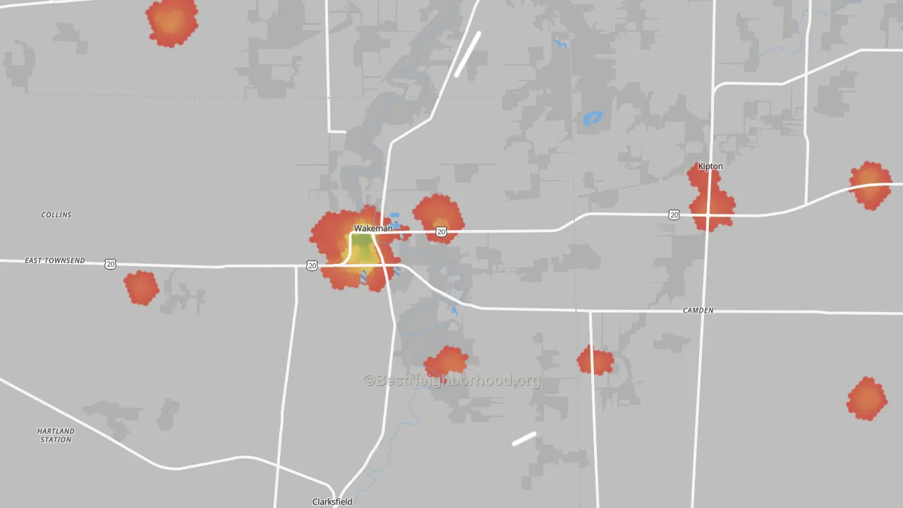 Walk Grade map of Wakeman, OH, walkable areas in green and car-dependent areas in red