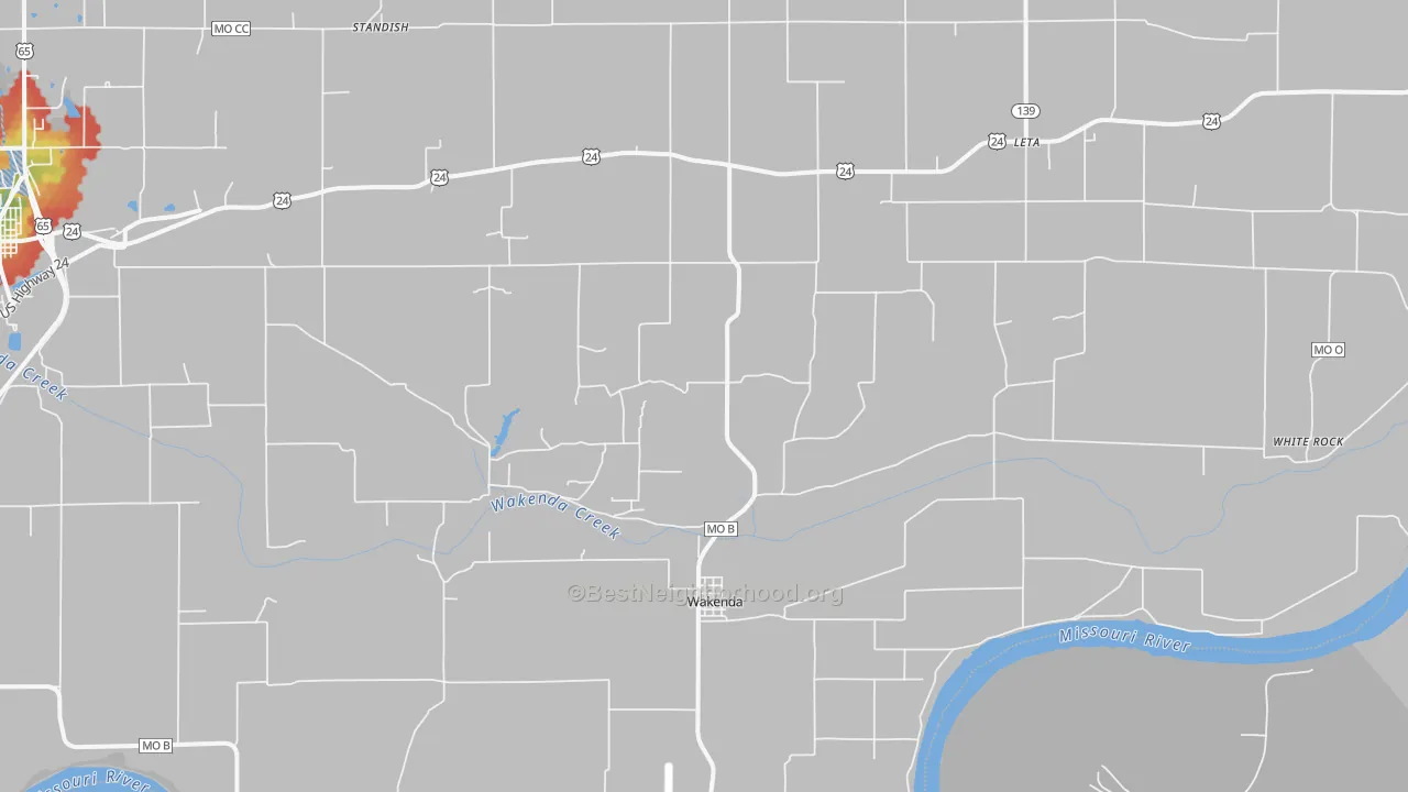Walk Grade map of Wakenda, MO, walkable areas in green and car-dependent areas in red