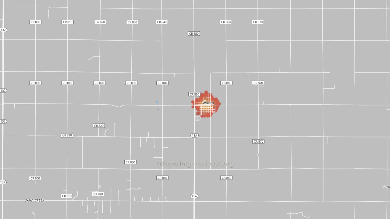 Walk Grade map of Wakita, OK, walkable areas in green and car-dependent areas in red