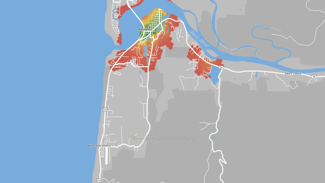Walk Grade map of Wakonda Beach, OR, walkable areas in green and car-dependent areas in red