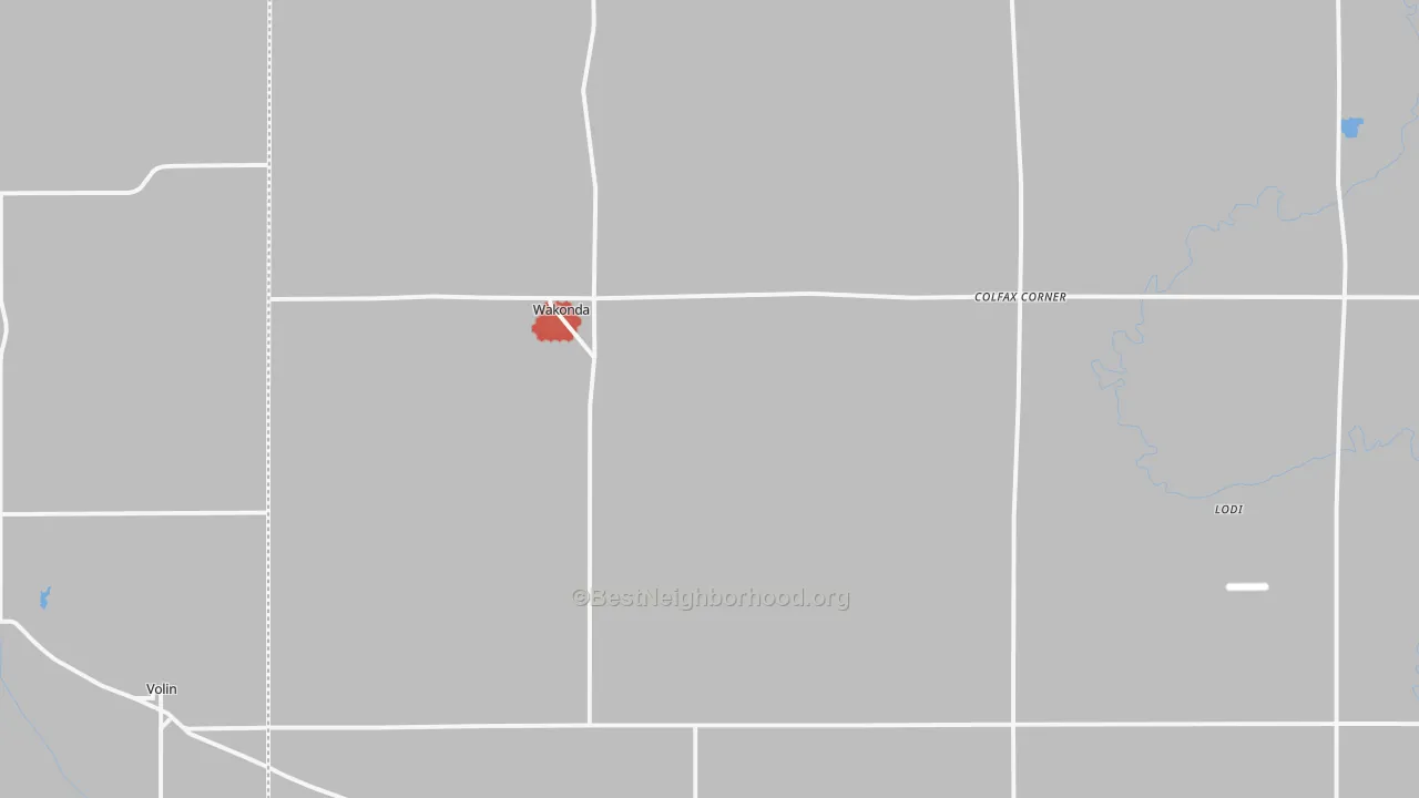 Walk Grade map of Wakonda, SD, walkable areas in green and car-dependent areas in red
