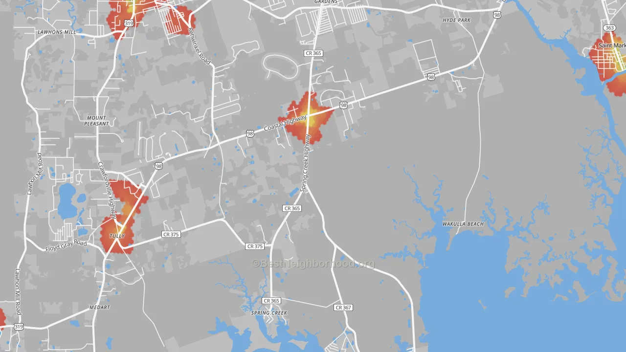 Walk Grade map of Wakulla Beach, FL, walkable areas in green and car-dependent areas in red