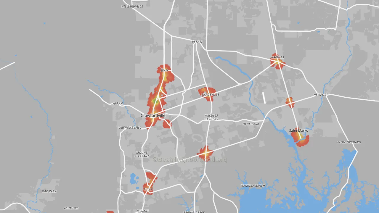 Walk Grade map of Wakulla County, FL, walkable areas in green and car-dependent areas in red