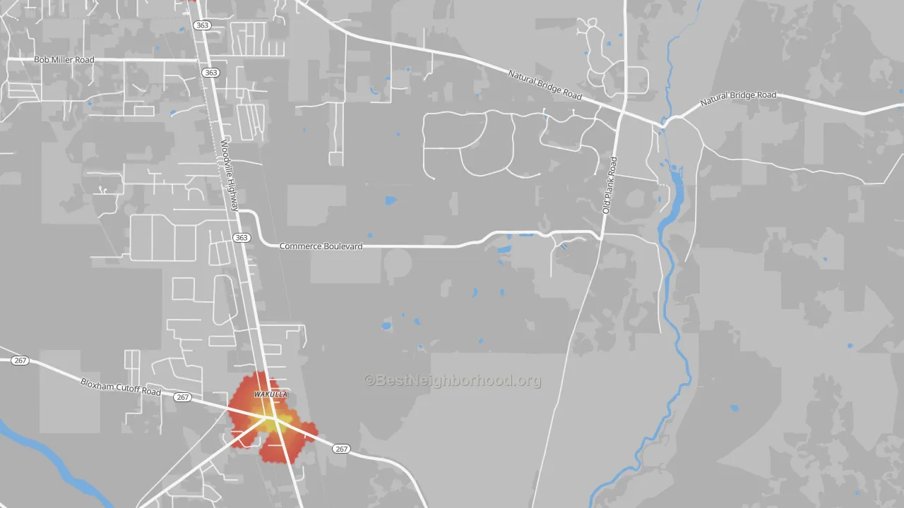 Walk Grade map of Wakulla, FL, walkable areas in green and car-dependent areas in red