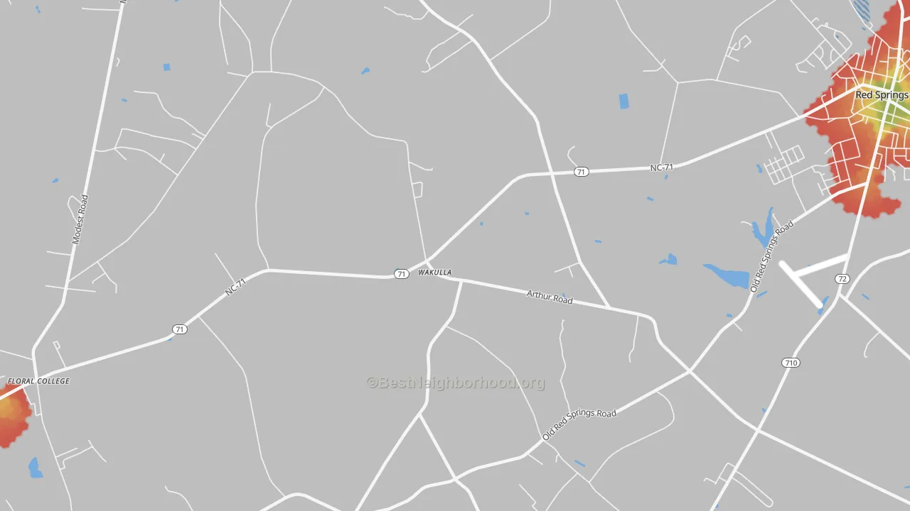 Walk Grade map of Wakulla, NC, walkable areas in green and car-dependent areas in red