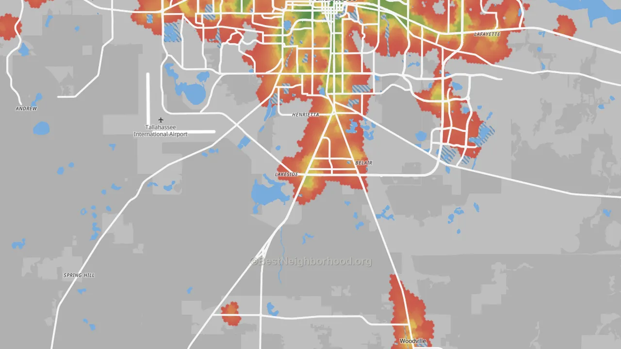 Walk Grade map of Wakulla Springs, FL, walkable areas in green and car-dependent areas in red