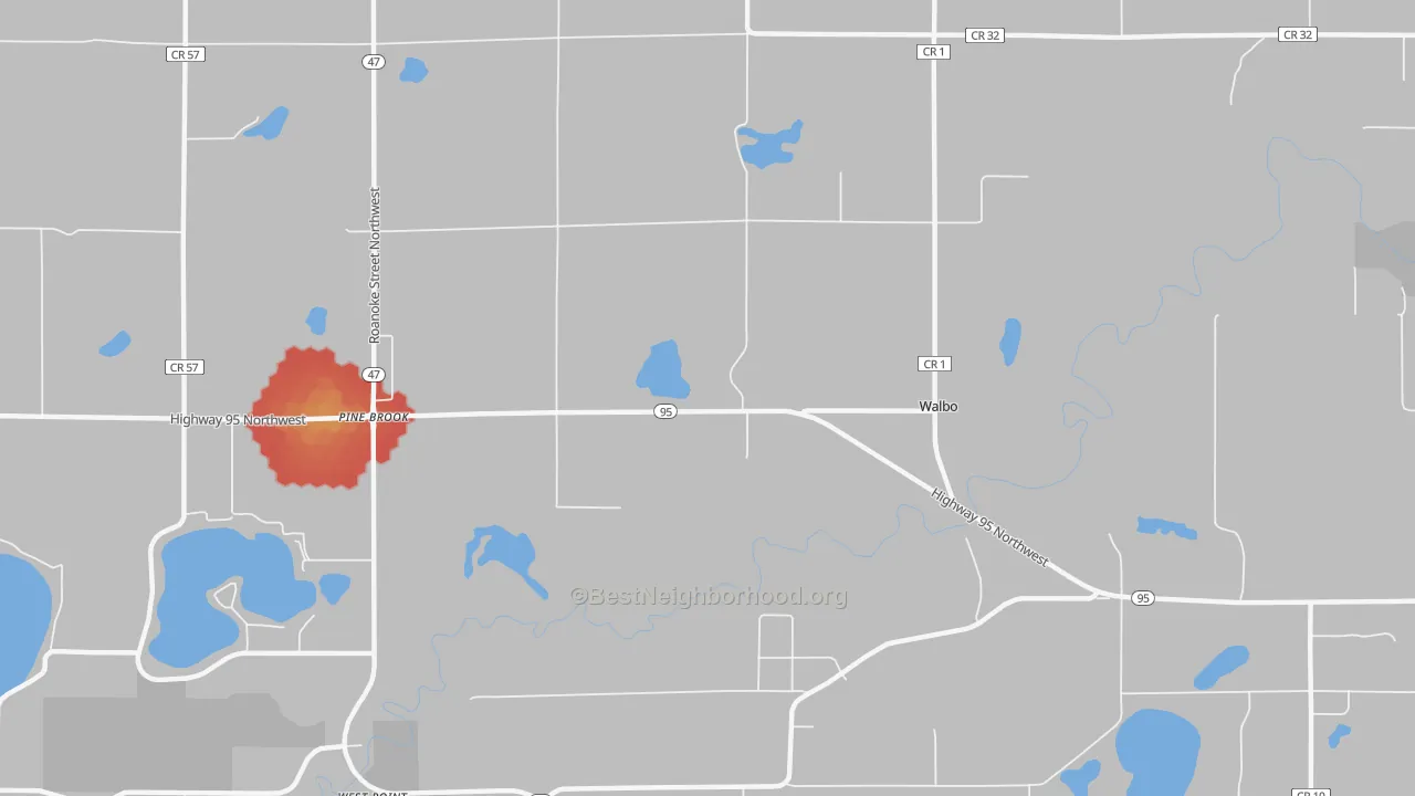 Walk Grade map of Walbo, MN, walkable areas in green and car-dependent areas in red