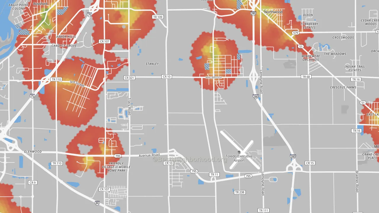 Walk Grade map of Walbridge, OH, walkable areas in green and car-dependent areas in red