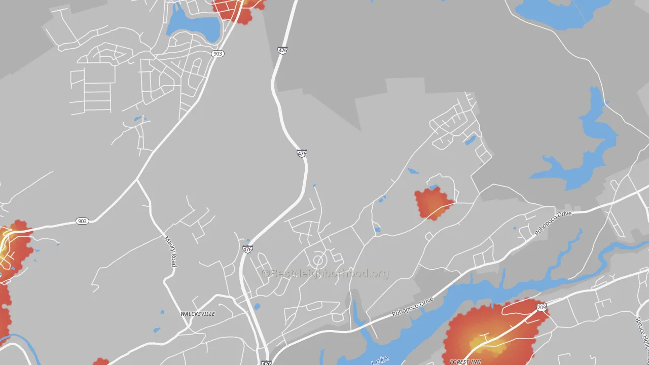 Walk Grade map of Walcksville, PA, walkable areas in green and car-dependent areas in red