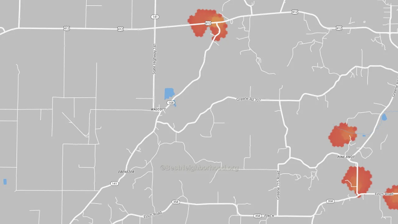 Walk Grade map of Walcott, AR, walkable areas in green and car-dependent areas in red