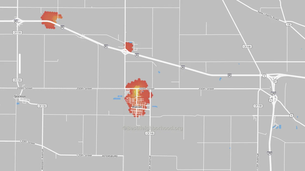 Walk Grade map of Walcott, IA, walkable areas in green and car-dependent areas in red