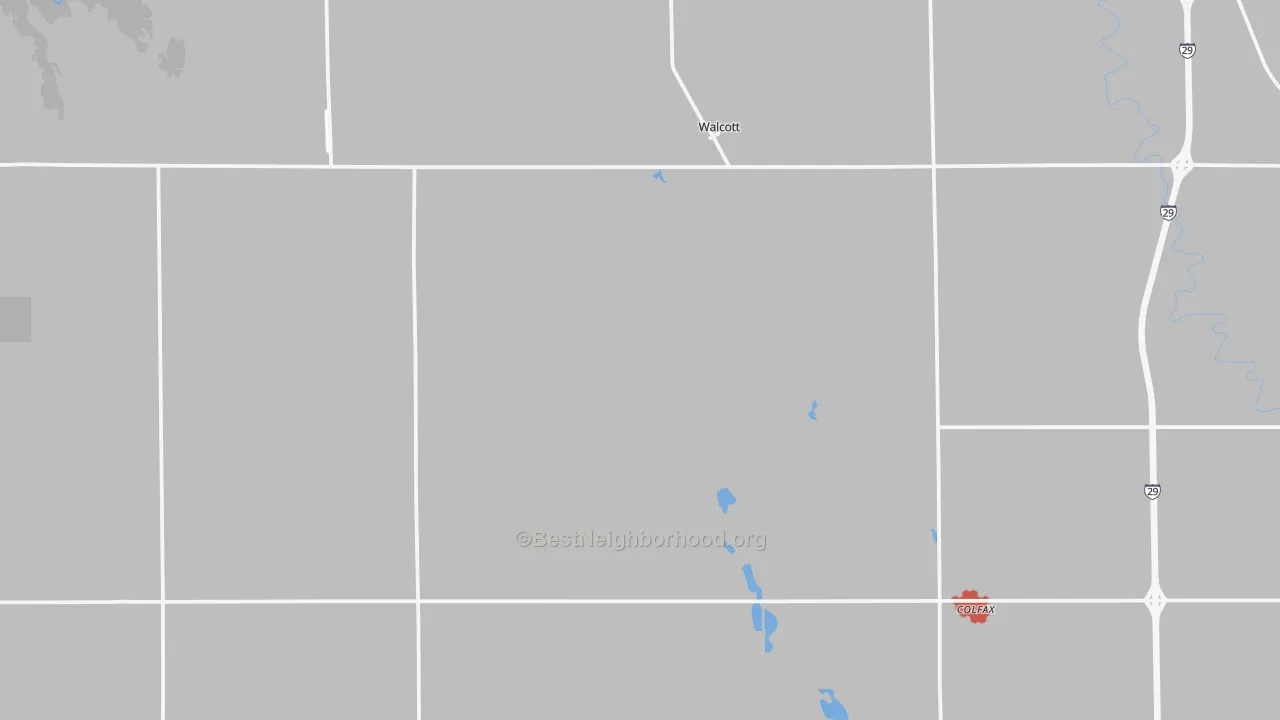 Walk Grade map of Walcott, ND, walkable areas in green and car-dependent areas in red