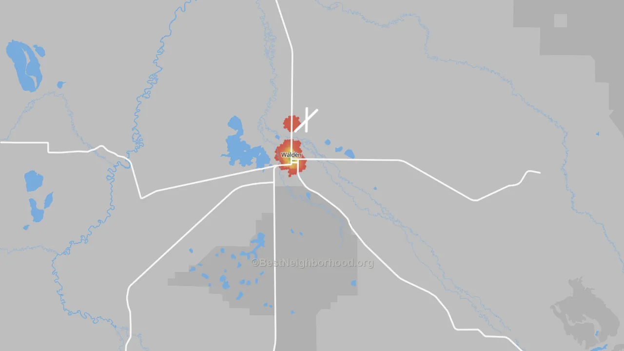 Walk Grade map of Walden, CO, walkable areas in green and car-dependent areas in red