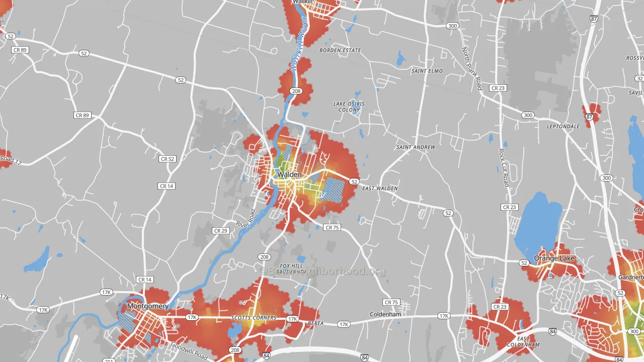 Walk Grade map of Walden, NY, walkable areas in green and car-dependent areas in red