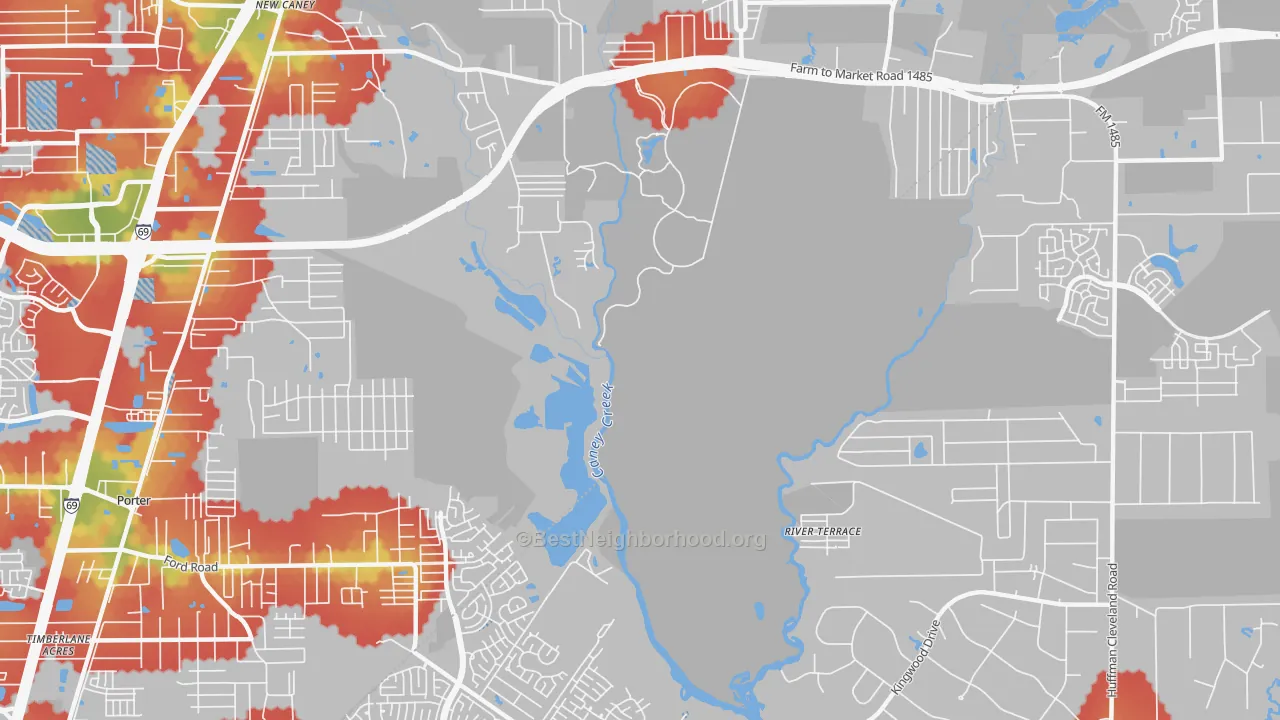 Walk Grade map of Walden Woods, TX, walkable areas in green and car-dependent areas in red