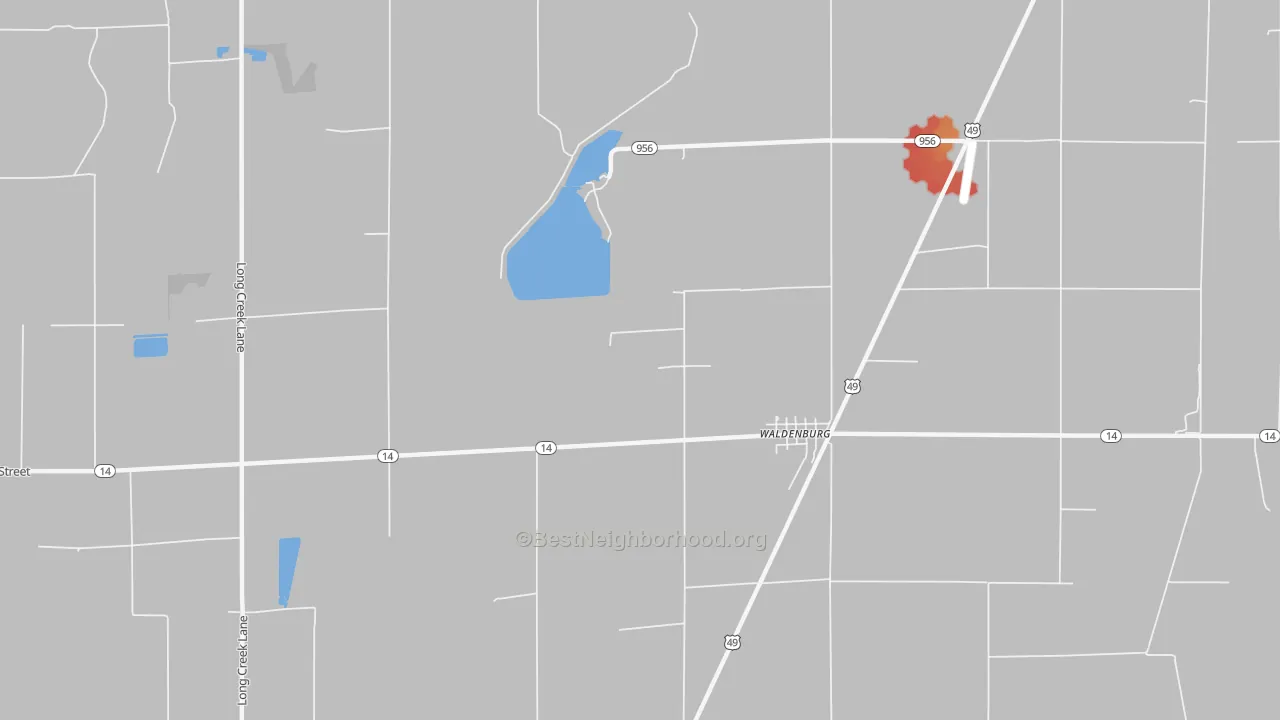 Walk Grade map of Waldenburg, AR, walkable areas in green and car-dependent areas in red