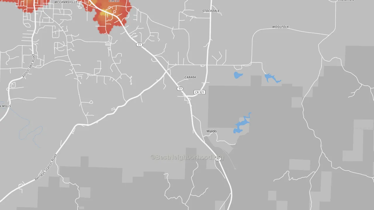 Walk Grade map of Waldo, AL, walkable areas in green and car-dependent areas in red