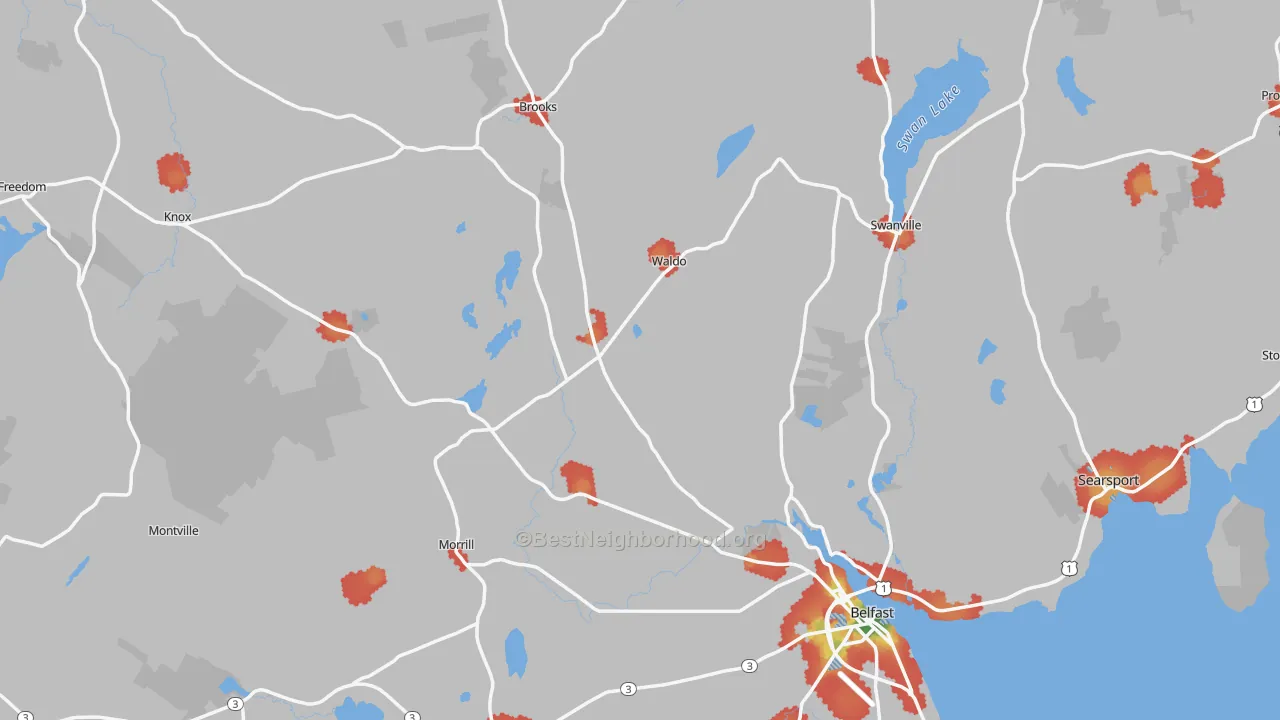Walk Grade map of Waldo County, ME, walkable areas in green and car-dependent areas in red