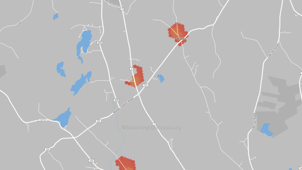 Walk Grade map of Waldo, ME, walkable areas in green and car-dependent areas in red