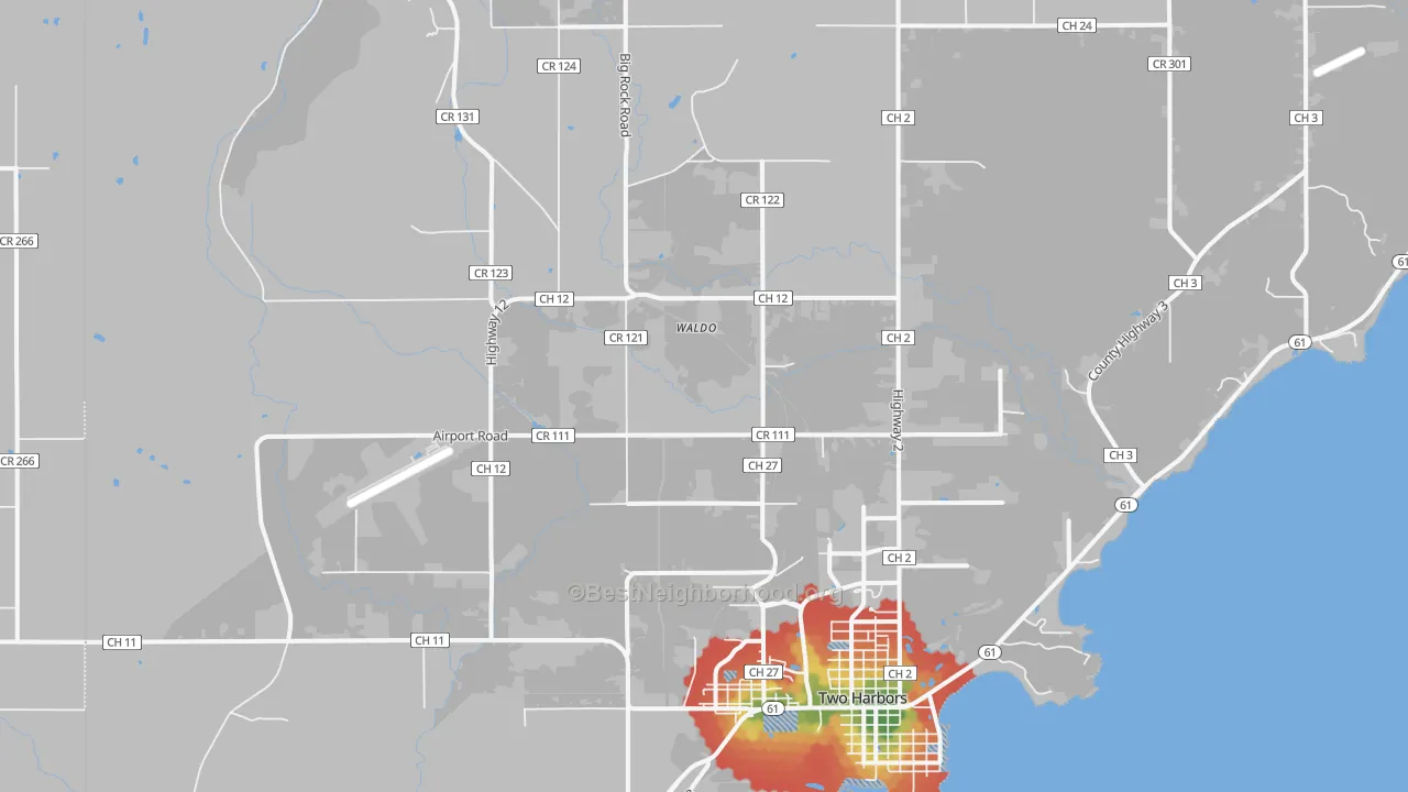 Walk Grade map of Waldo, MN, walkable areas in green and car-dependent areas in red
