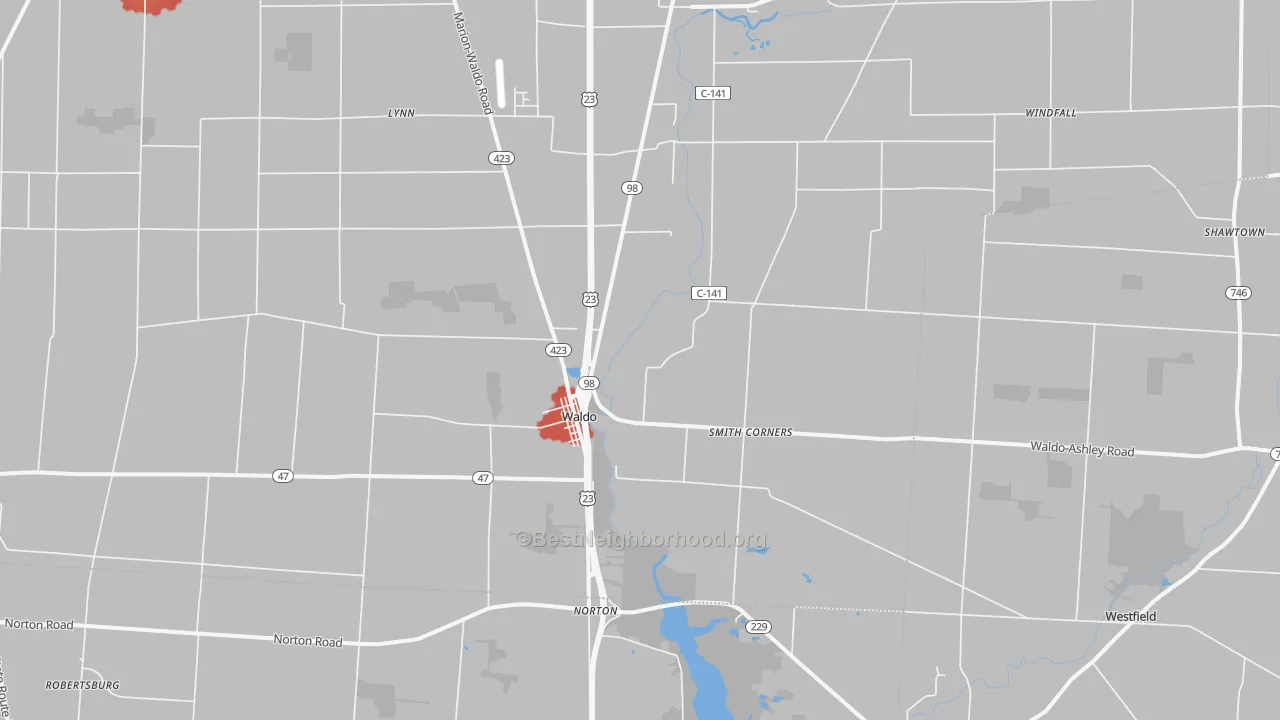 Walk Grade map of Waldo, OH, walkable areas in green and car-dependent areas in red
