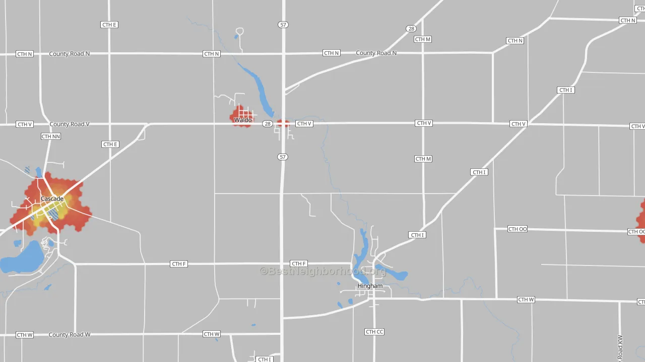 Walk Grade map of Waldo, WI, walkable areas in green and car-dependent areas in red