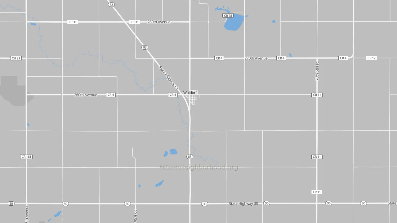Walk Grade map of Waldorf, MN, walkable areas in green and car-dependent areas in red