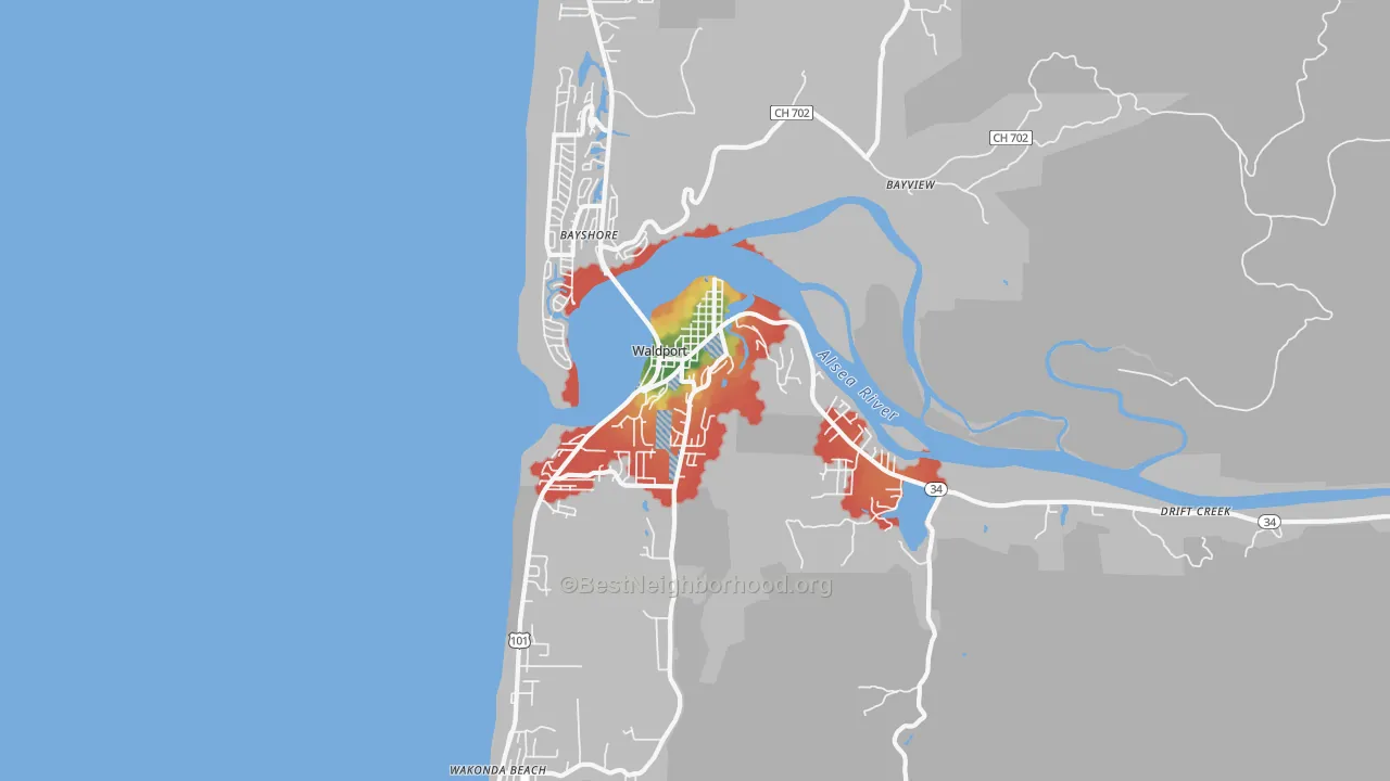 Walk Grade map of Waldport, OR, walkable areas in green and car-dependent areas in red