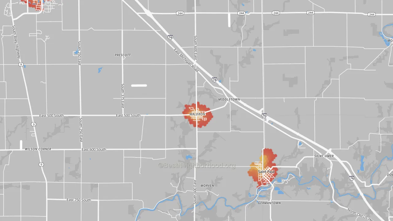 Walk Grade map of Waldron, IN, walkable areas in green and car-dependent areas in red