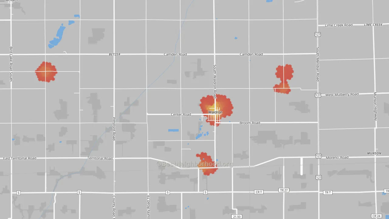 Walk Grade map of Waldron, MI, walkable areas in green and car-dependent areas in red